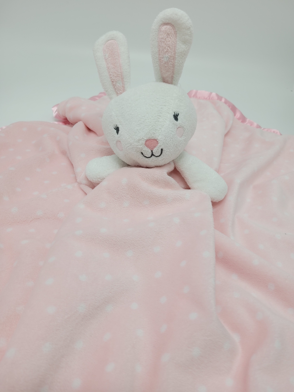 Cloud Island XL Lovie Blanket White Pink Bunny Rabbit Plush Satin Minky 29X29
